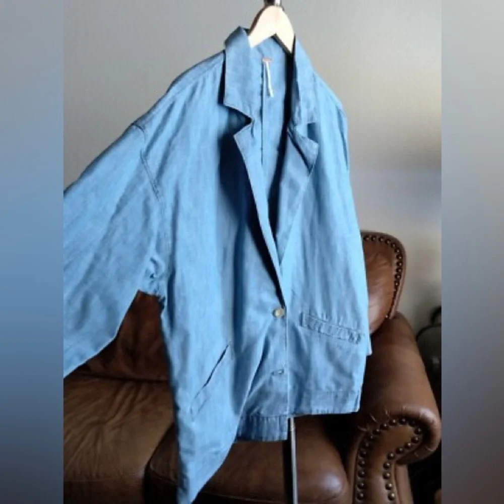 FREE PEOPLE Blue Oversize Blazer Shacket Jacket Cotton/Hemp Fabric Size S